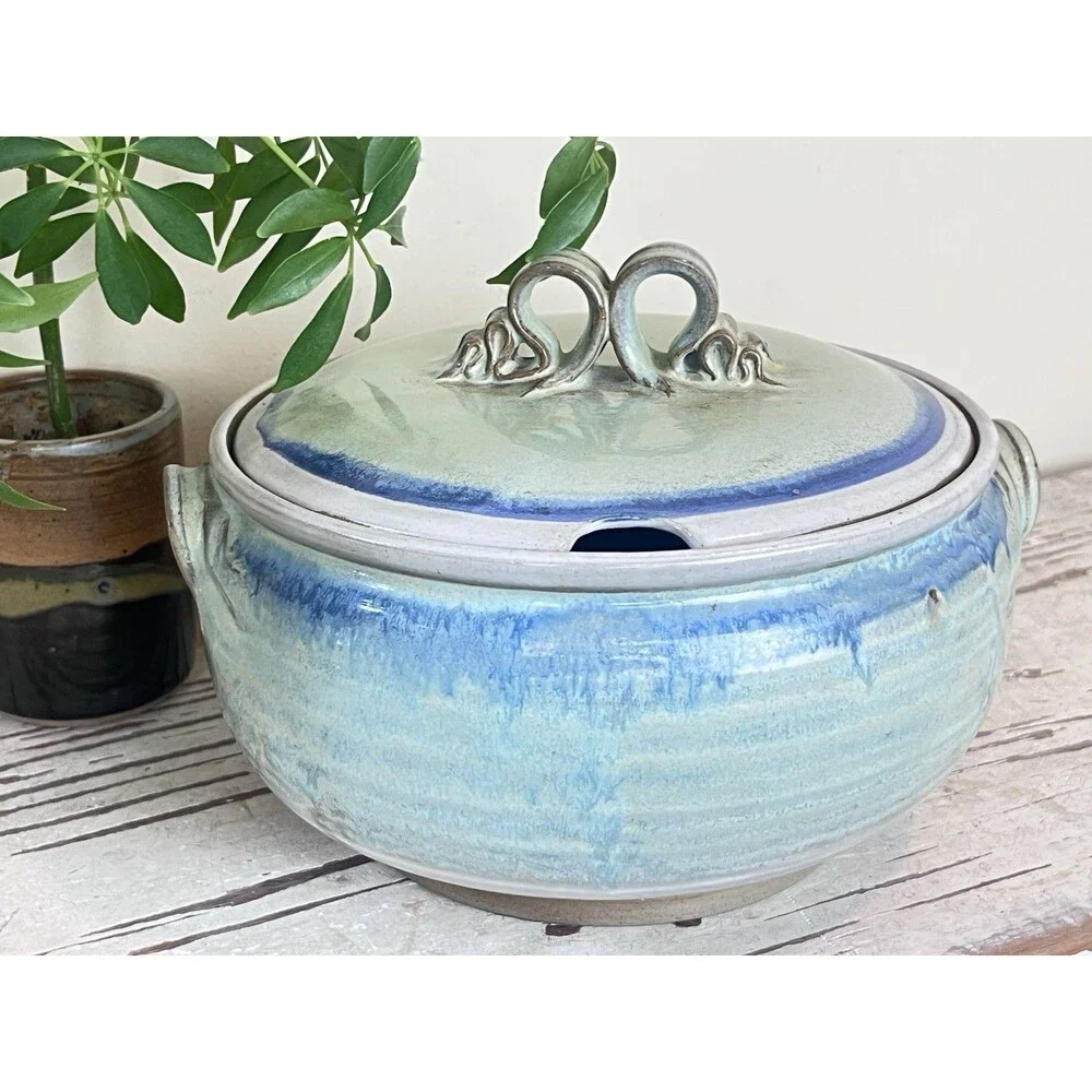 Vintage Handmade Artisan Pottery Tureen Casserole Dish W/Ornate Lid Signed